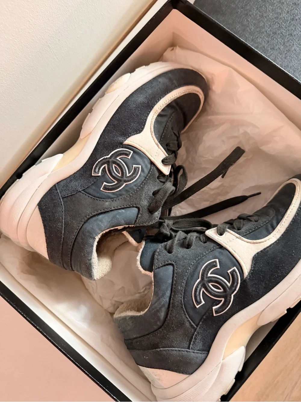 CHANEL ash blue  and White CC Emblem Chunky Sneakers